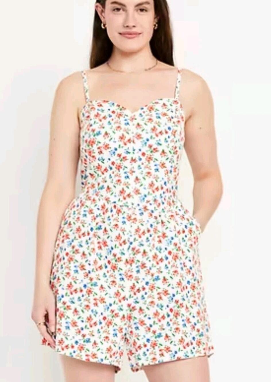 Old Navy size XXL Linen Blend Sleeveless Romper white with red blue floral